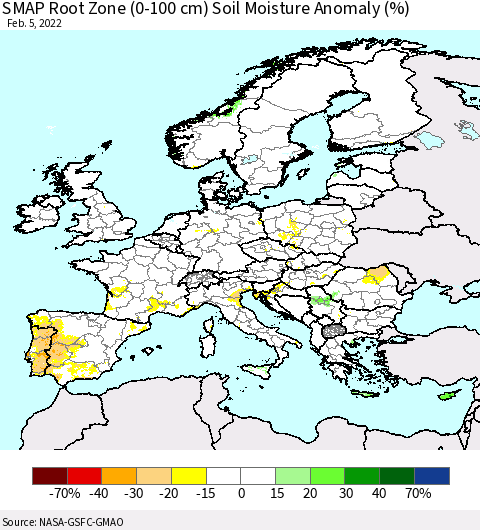 Europe SMAP Root Zone (0-100 cm) Soil Moisture Anomaly (%) Thematic Map For 2/1/2022 - 2/5/2022
