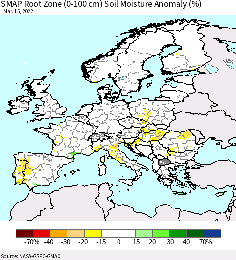 Europe SMAP Root Zone (0-100 cm) Soil Moisture Anomaly (%) Thematic Map For 3/11/2022 - 3/15/2022
