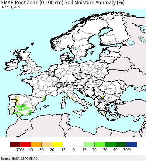 Europe SMAP Root Zone (0-100 cm) Soil Moisture Anomaly (%) Thematic Map For 3/26/2022 - 3/31/2022