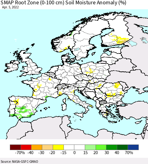 Europe SMAP Root Zone (0-100 cm) Soil Moisture Anomaly (%) Thematic Map For 4/1/2022 - 4/5/2022