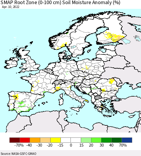 Europe SMAP Root Zone (0-100 cm) Soil Moisture Anomaly (%) Thematic Map For 4/6/2022 - 4/10/2022