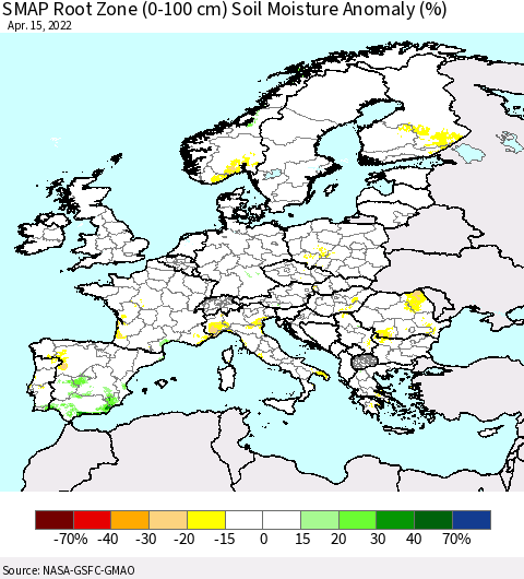 Europe SMAP Root Zone (0-100 cm) Soil Moisture Anomaly (%) Thematic Map For 4/11/2022 - 4/15/2022