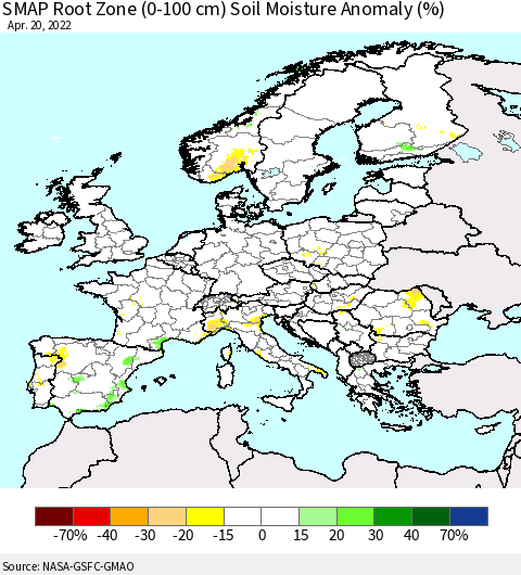 Europe SMAP Root Zone (0-100 cm) Soil Moisture Anomaly (%) Thematic Map For 4/16/2022 - 4/20/2022