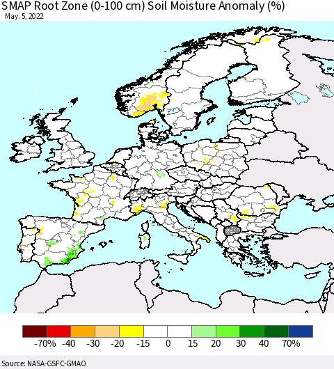 Europe SMAP Root Zone (0-100 cm) Soil Moisture Anomaly (%) Thematic Map For 5/1/2022 - 5/5/2022