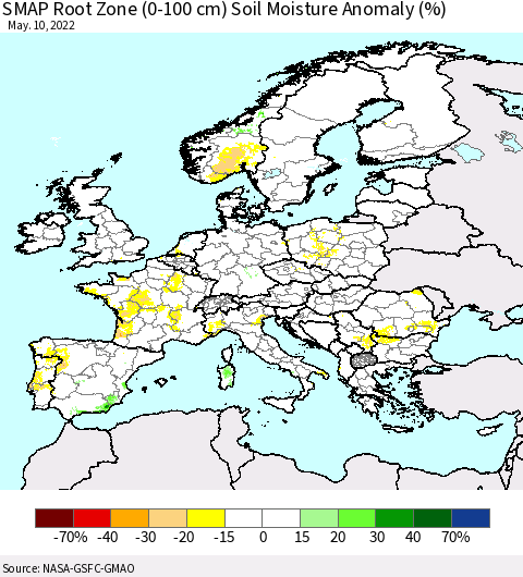 Europe SMAP Root Zone (0-100 cm) Soil Moisture Anomaly (%) Thematic Map For 5/6/2022 - 5/10/2022