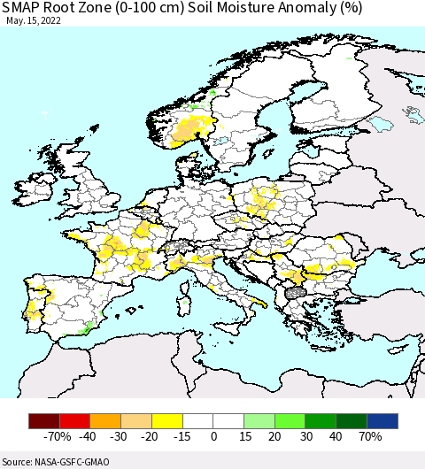 Europe SMAP Root Zone (0-100 cm) Soil Moisture Anomaly (%) Thematic Map For 5/11/2022 - 5/15/2022