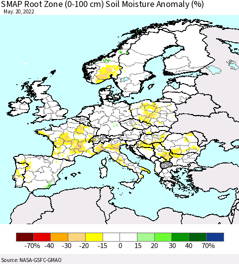 Europe SMAP Root Zone (0-100 cm) Soil Moisture Anomaly (%) Thematic Map For 5/16/2022 - 5/20/2022