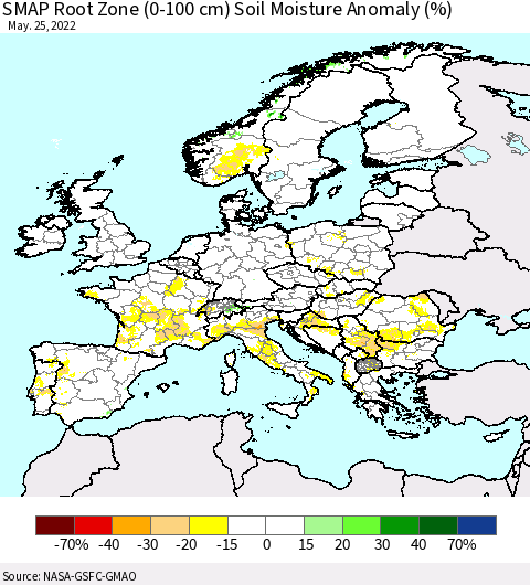 Europe SMAP Root Zone (0-100 cm) Soil Moisture Anomaly (%) Thematic Map For 5/21/2022 - 5/25/2022