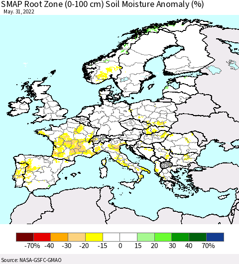 Europe SMAP Root Zone (0-100 cm) Soil Moisture Anomaly (%) Thematic Map For 5/26/2022 - 5/31/2022