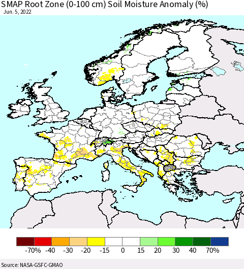 Europe SMAP Root Zone (0-100 cm) Soil Moisture Anomaly (%) Thematic Map For 6/1/2022 - 6/5/2022