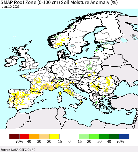 Europe SMAP Root Zone (0-100 cm) Soil Moisture Anomaly (%) Thematic Map For 6/6/2022 - 6/10/2022