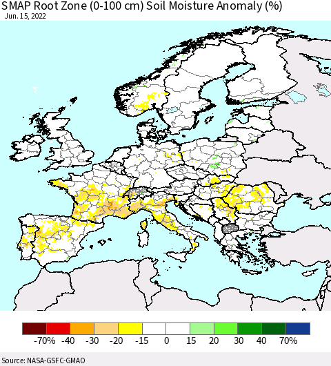 Europe SMAP Root Zone (0-100 cm) Soil Moisture Anomaly (%) Thematic Map For 6/11/2022 - 6/15/2022