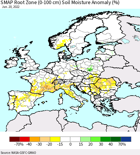 Europe SMAP Root Zone (0-100 cm) Soil Moisture Anomaly (%) Thematic Map For 6/16/2022 - 6/20/2022
