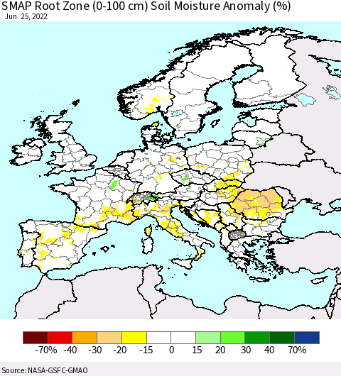 Europe SMAP Root Zone (0-100 cm) Soil Moisture Anomaly (%) Thematic Map For 6/21/2022 - 6/25/2022