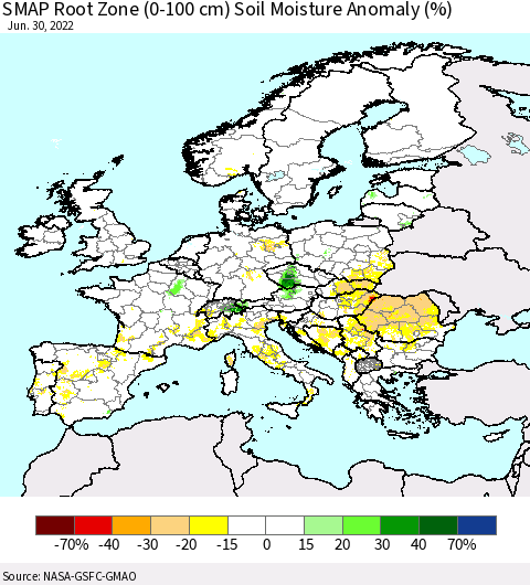 Europe SMAP Root Zone (0-100 cm) Soil Moisture Anomaly (%) Thematic Map For 6/26/2022 - 6/30/2022