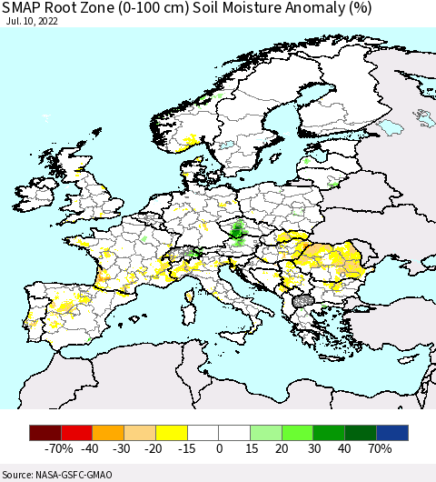 Europe SMAP Root Zone (0-100 cm) Soil Moisture Anomaly (%) Thematic Map For 7/6/2022 - 7/10/2022