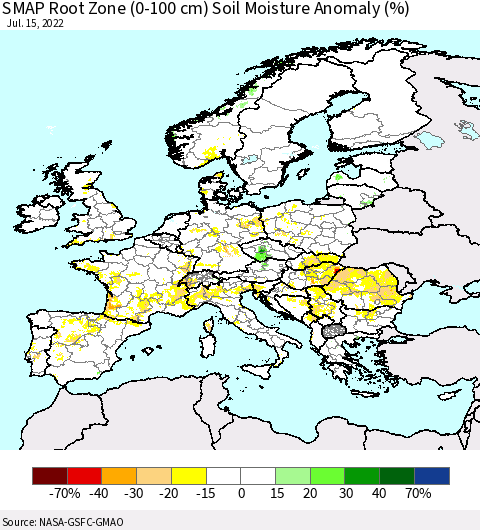 Europe SMAP Root Zone (0-100 cm) Soil Moisture Anomaly (%) Thematic Map For 7/11/2022 - 7/15/2022