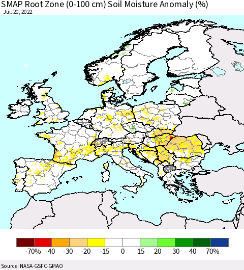 Europe SMAP Root Zone (0-100 cm) Soil Moisture Anomaly (%) Thematic Map For 7/16/2022 - 7/20/2022