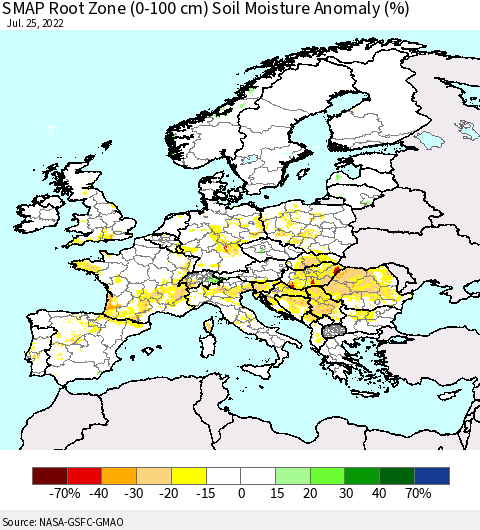 Europe SMAP Root Zone (0-100 cm) Soil Moisture Anomaly (%) Thematic Map For 7/21/2022 - 7/25/2022