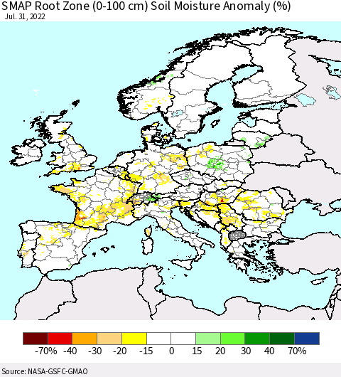 Europe SMAP Root Zone (0-100 cm) Soil Moisture Anomaly (%) Thematic Map For 7/26/2022 - 7/31/2022