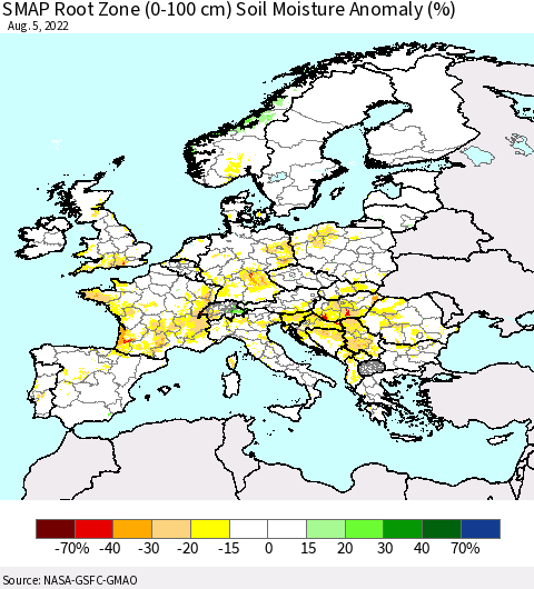 Europe SMAP Root Zone (0-100 cm) Soil Moisture Anomaly (%) Thematic Map For 8/1/2022 - 8/5/2022