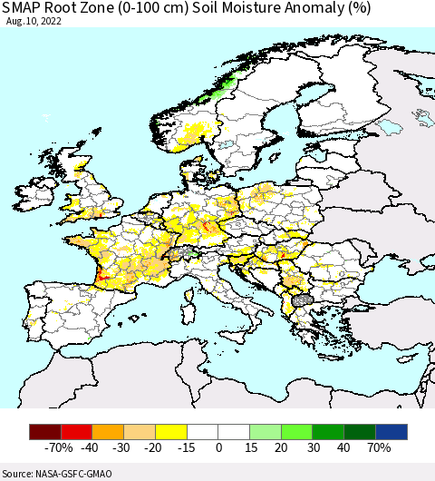 Europe SMAP Root Zone (0-100 cm) Soil Moisture Anomaly (%) Thematic Map For 8/6/2022 - 8/10/2022