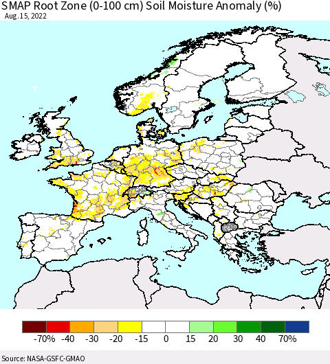 Europe SMAP Root Zone (0-100 cm) Soil Moisture Anomaly (%) Thematic Map For 8/11/2022 - 8/15/2022