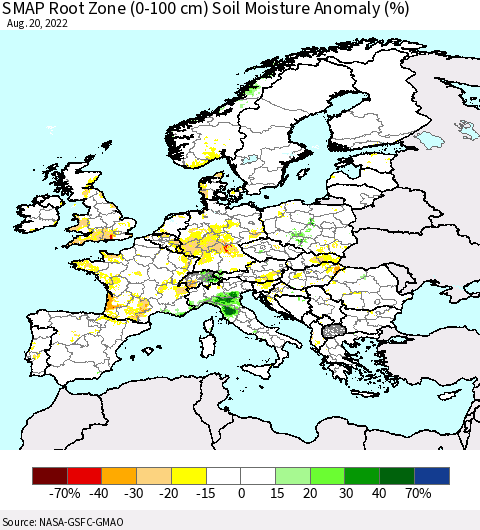 Europe SMAP Root Zone (0-100 cm) Soil Moisture Anomaly (%) Thematic Map For 8/16/2022 - 8/20/2022