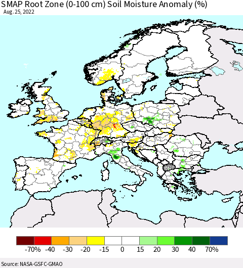 Europe SMAP Root Zone (0-100 cm) Soil Moisture Anomaly (%) Thematic Map For 8/21/2022 - 8/25/2022
