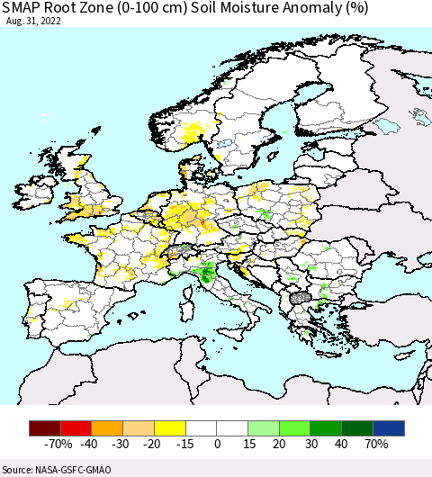 Europe SMAP Root Zone (0-100 cm) Soil Moisture Anomaly (%) Thematic Map For 8/26/2022 - 8/31/2022