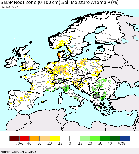 Europe SMAP Root Zone (0-100 cm) Soil Moisture Anomaly (%) Thematic Map For 9/1/2022 - 9/5/2022