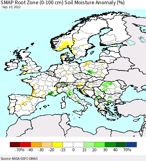 Europe SMAP Root Zone (0-100 cm) Soil Moisture Anomaly (%) Thematic Map For 9/6/2022 - 9/10/2022