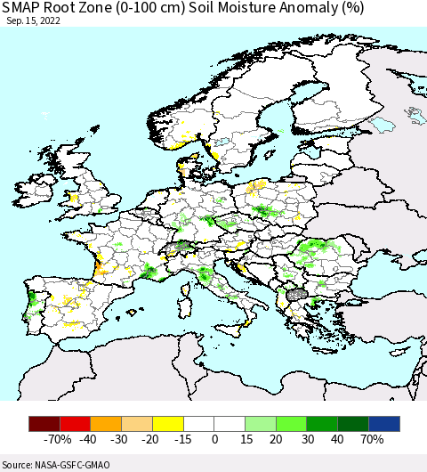 Europe SMAP Root Zone (0-100 cm) Soil Moisture Anomaly (%) Thematic Map For 9/11/2022 - 9/15/2022