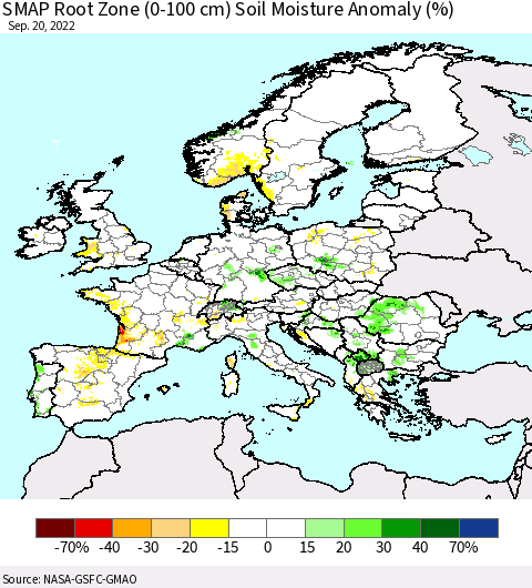 Europe SMAP Root Zone (0-100 cm) Soil Moisture Anomaly (%) Thematic Map For 9/16/2022 - 9/20/2022