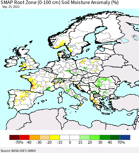Europe SMAP Root Zone (0-100 cm) Soil Moisture Anomaly (%) Thematic Map For 9/21/2022 - 9/25/2022