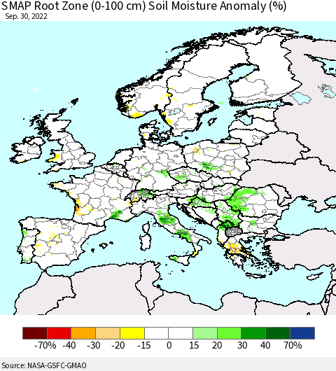 Europe SMAP Root Zone (0-100 cm) Soil Moisture Anomaly (%) Thematic Map For 9/26/2022 - 9/30/2022