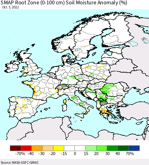 Europe SMAP Root Zone (0-100 cm) Soil Moisture Anomaly (%) Thematic Map For 10/1/2022 - 10/5/2022