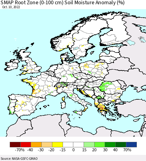Europe SMAP Root Zone (0-100 cm) Soil Moisture Anomaly (%) Thematic Map For 10/6/2022 - 10/10/2022