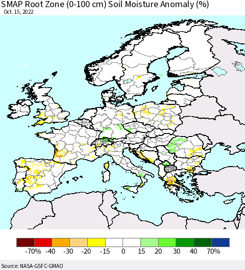 Europe SMAP Root Zone (0-100 cm) Soil Moisture Anomaly (%) Thematic Map For 10/11/2022 - 10/15/2022