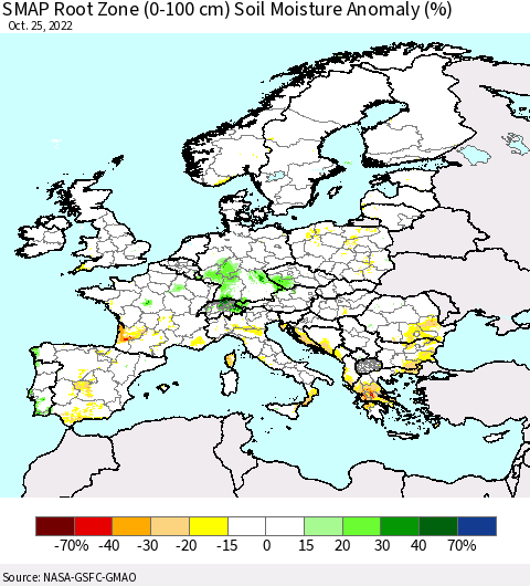 Europe SMAP Root Zone (0-100 cm) Soil Moisture Anomaly (%) Thematic Map For 10/21/2022 - 10/25/2022