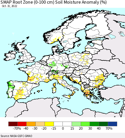 Europe SMAP Root Zone (0-100 cm) Soil Moisture Anomaly (%) Thematic Map For 10/26/2022 - 10/31/2022