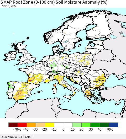 Europe SMAP Root Zone (0-100 cm) Soil Moisture Anomaly (%) Thematic Map For 11/1/2022 - 11/5/2022
