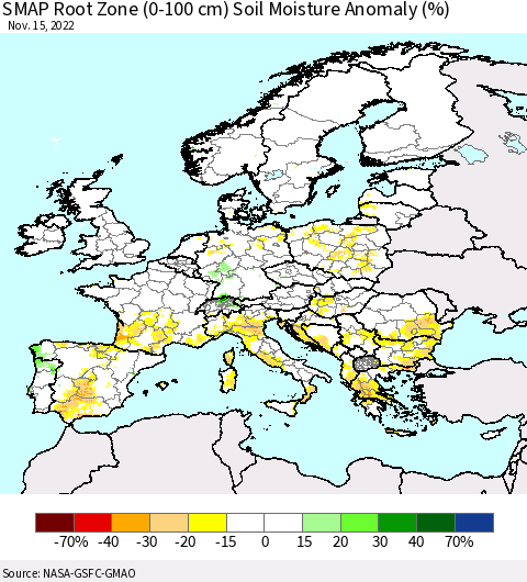 Europe SMAP Root Zone (0-100 cm) Soil Moisture Anomaly (%) Thematic Map For 11/11/2022 - 11/15/2022