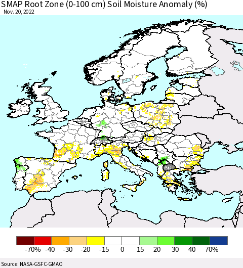 Europe SMAP Root Zone (0-100 cm) Soil Moisture Anomaly (%) Thematic Map For 11/16/2022 - 11/20/2022