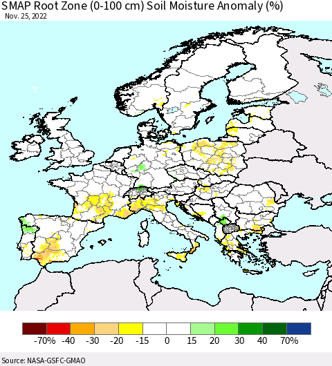 Europe SMAP Root Zone (0-100 cm) Soil Moisture Anomaly (%) Thematic Map For 11/21/2022 - 11/25/2022