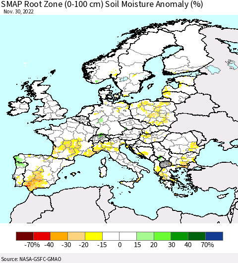 Europe SMAP Root Zone (0-100 cm) Soil Moisture Anomaly (%) Thematic Map For 11/26/2022 - 11/30/2022
