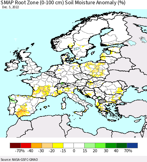 Europe SMAP Root Zone (0-100 cm) Soil Moisture Anomaly (%) Thematic Map For 12/1/2022 - 12/5/2022