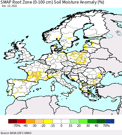 Europe SMAP Root Zone (0-100 cm) Soil Moisture Anomaly (%) Thematic Map For 12/6/2022 - 12/10/2022