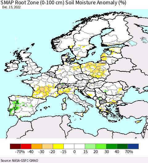Europe SMAP Root Zone (0-100 cm) Soil Moisture Anomaly (%) Thematic Map For 12/11/2022 - 12/15/2022