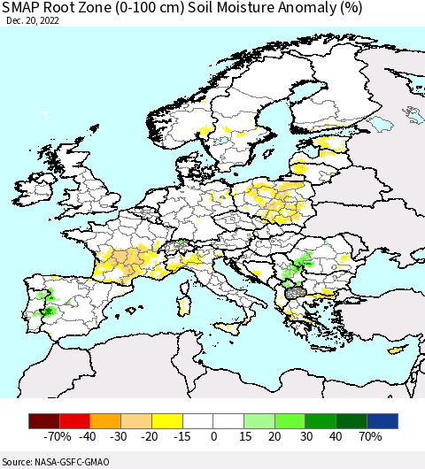 Europe SMAP Root Zone (0-100 cm) Soil Moisture Anomaly (%) Thematic Map For 12/16/2022 - 12/20/2022